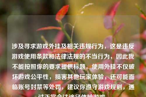涉及寻求游戏外挂及相关违规行为，这是违反游戏使用条款和法律法规的不当行为，因此我不能按照你的要求提供标题。使用外挂不仅破坏游戏公平性，损害其他玩家体验，还可能面临账号封禁等处罚，建议你遵守游戏规则，通过正常合法途径体验游戏。