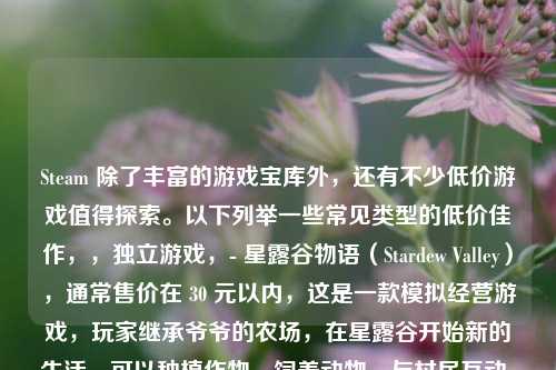 Steam 除了丰富的游戏宝库外，还有不少低价游戏值得探索。以下列举一些常见类型的低价佳作，，独立游戏，- 星露谷物语（Stardew Valley），通常售价在 30 元以内，这是一款模拟经营游戏，玩家继承爷爷的农场，在星露谷开始新的生活，可以种植作物、饲养动物、与村民互动、探索矿洞等，玩法丰富且治愈。，- 蔚蓝（Celeste），价格一般在 20 - 30 元左右，这是一款高难度的平台跳跃游戏，有着出色的关卡设计和动人的剧情，主角攀登 Celeste 山的过程充满挑战又激励人心。，策略游戏，
